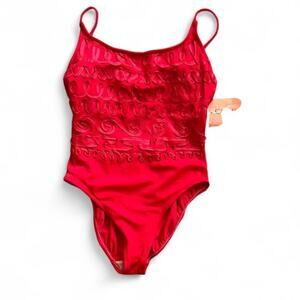 90s Fitted Red One Piece Swimsuit – Retro Ribbon Applique 16